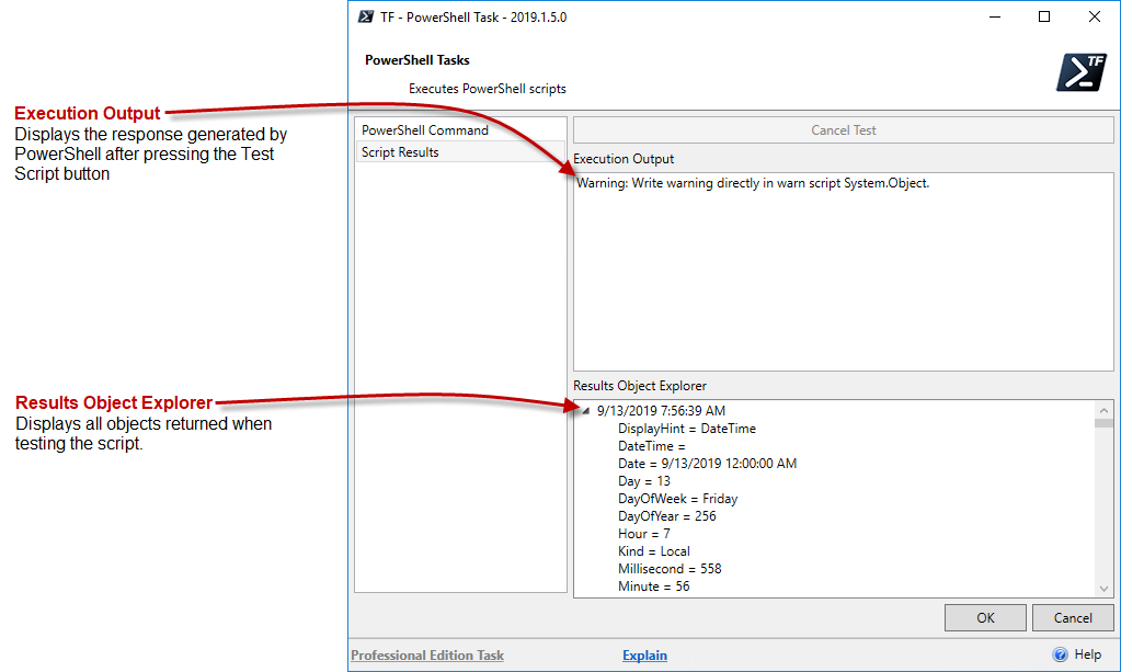 PowerShell Task Script Results View